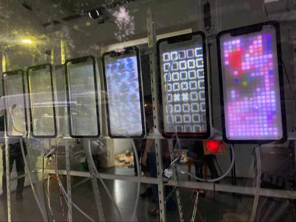 Detalle de las pantallas de acrílico de la instalación en la vidriera de 