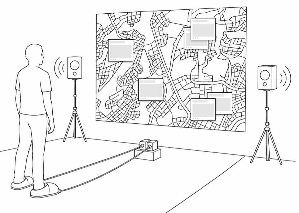 Diagrama de la instalación de GPS con un visitante interactuando con la obra